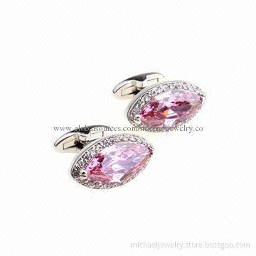 Brass cufflinks with pink CZ stone and transparent CZ stone